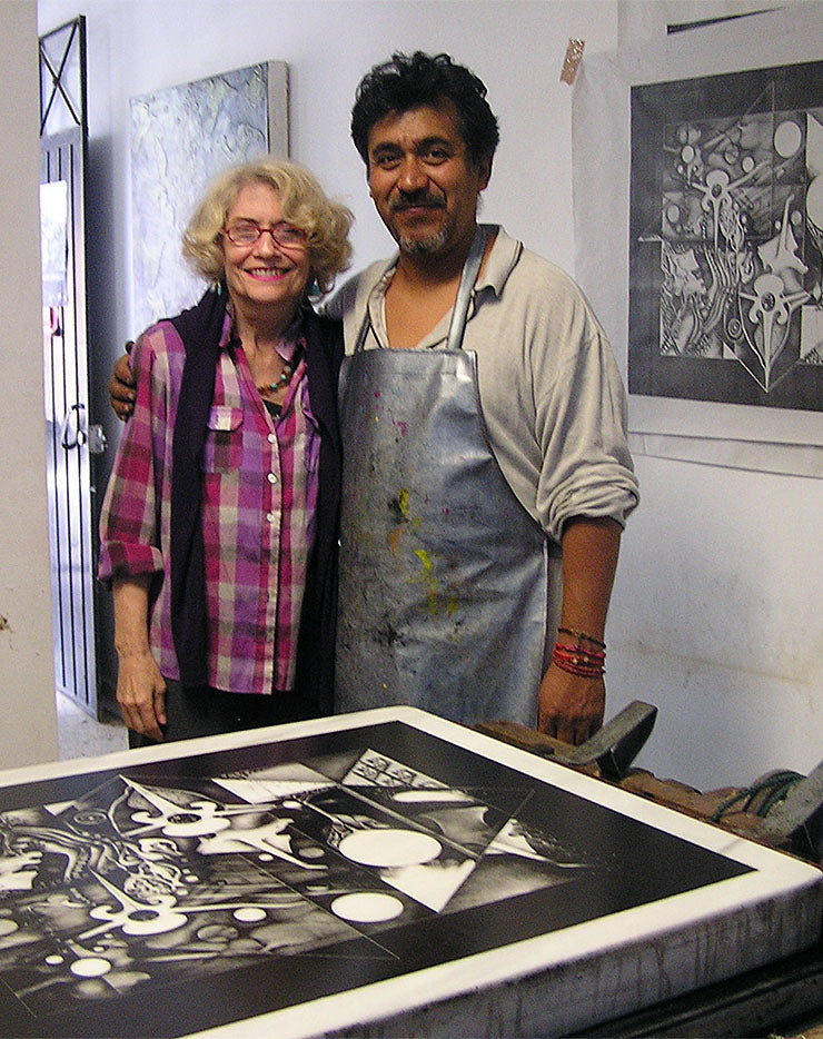 Maestro and Master Printer: Félix Abraham Torres Rodríguez, and Jula d'Arcy at Taller de gráfica Bambú, Oaxaca, Mexico
